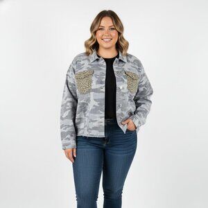 Women Camouflage Jacket with Leopard Print Pockets